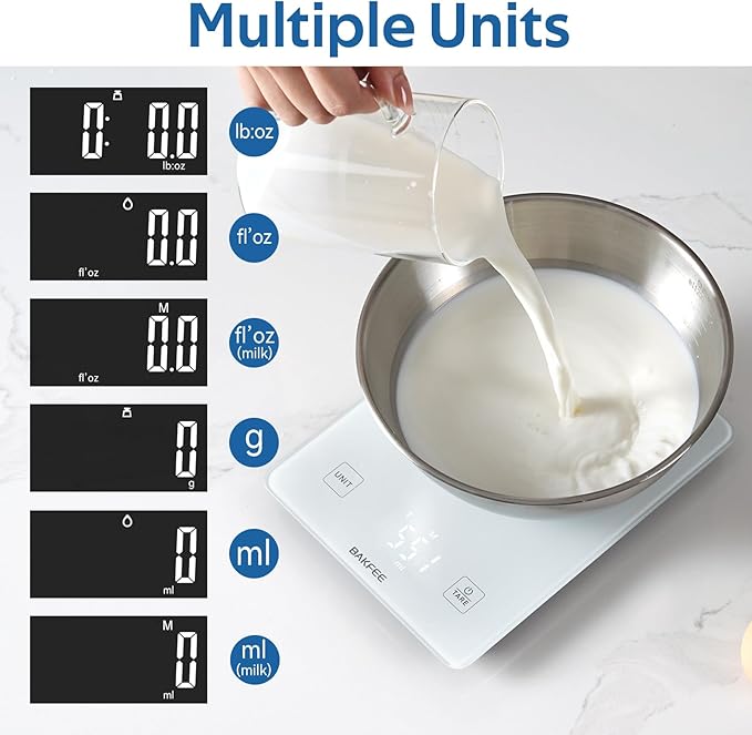 IP67 Waterproof Food Scale with Tempered Glass Surface, 22lb Kitchen Scale 1g Precision, USB Rechargeable, LED Display, Grams and Ounces, for Baking, Cooking, Making Sourdough Bread. White