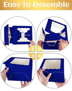 qiqee 8x8x5 Cake Box, 18 Sets Gemstone Blue Cake Box with Window ＆ 18 Sets 8" Gemstone Blue Cake Round Boards, 8inch Cake Containers