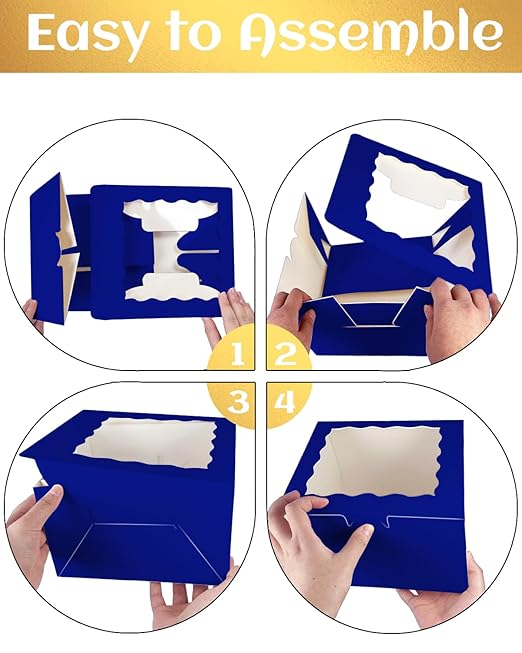 qiqee 8x8x5 Cake Box, 18 Sets Gemstone Blue Cake Box with Window ＆ 18 Sets 8" Gemstone Blue Cake Round Boards, 8inch Cake Containers