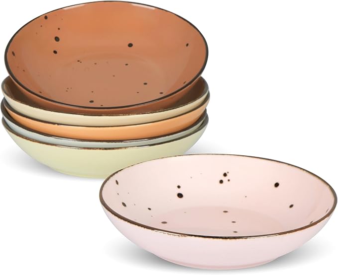 Esfour 8 Inch Porcelain Pasta Bowl, 16 Ounce Salad Bowls, Microwave & Dishwasher Safe, Sturdy & Stackable, Set of 6 Ceramic Bowl Plate Set, Wide Shallow Salad Bowls, Blossom Assorted Colors
