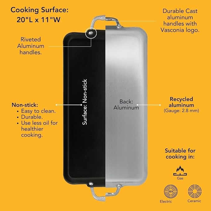 Vasconia Durable Double Burner Griddle (20″ x 11″) 100% Pure Aluminum with Nonstick - NSF Certified - for Frying, Searing, Grilling, Browning, Ideal for Home & Commercial Kitchen - Pack of 4