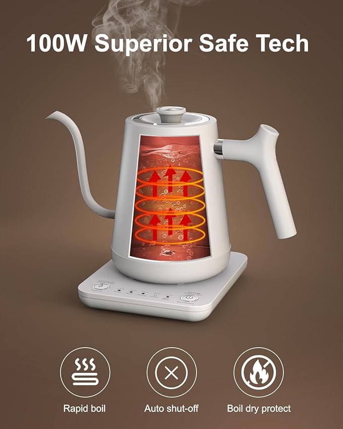Gooseneck Electric Tea Kettle Pour-Over Kettle for Coffee, with 5 Variable Presets, 100% Stainless Steel Inner, with Keep Warm and Mute Function 0.8L, 1000W Quick Heating, Matte white