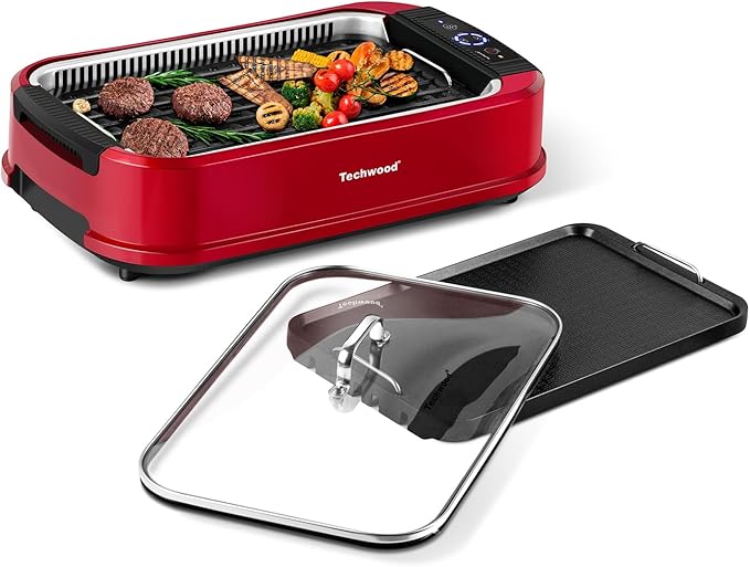 Techwood Smokeless Grill 1500W indoor Grill with Tempered Glass Lid, Compact & Portable Non-stick BBQ Grill, Turbo Smoke Extractor Technology, Drip Tray& Removable Plate