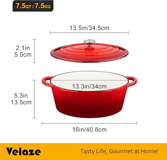 Velaze 7.5 QT Enameled Oval Dutch Oven Pot with Lid, Cast Iron Dutch Oven with Dual Handles for Bread Baking, Cooking, Frying, Non-stick Enamel Coated Cookware (RED)