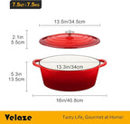 Velaze 7.5 QT Enameled Oval Dutch Oven Pot with Lid, Cast Iron Dutch Oven with Dual Handles for Bread Baking, Cooking, Frying, Non-stick Enamel Coated Cookware (RED)