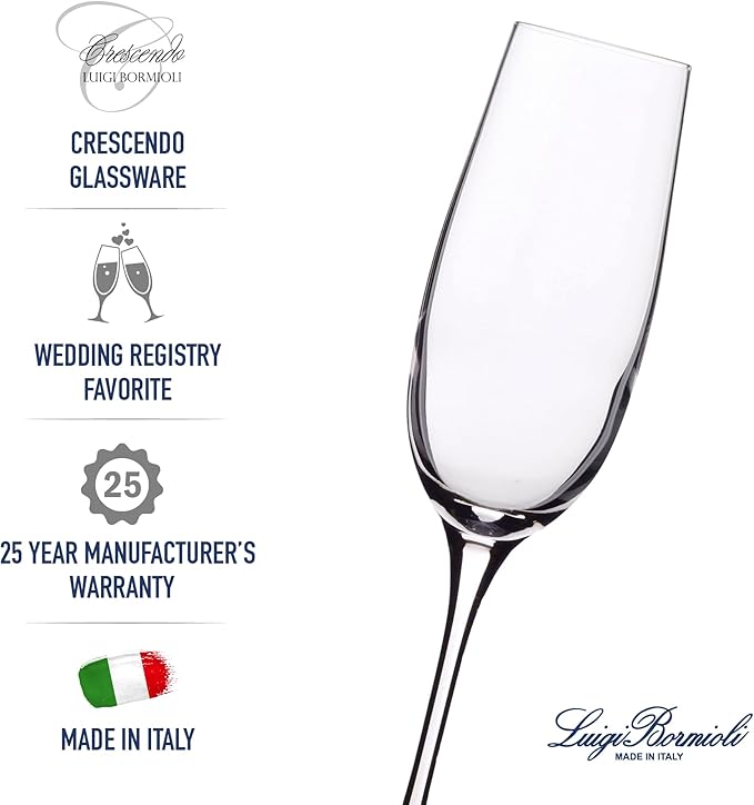 Luigi Bormioli Crescendo 8-ounce. Champagne Flutes , Set Of 4, Prosecco Glasses, Clear Crystal Son-hyx Glass, Dishwasher Safe, Made In Italy.