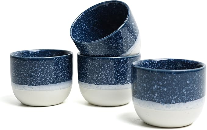 Set of 4 Ceramic Espresso Cups-4 oz, Blue & White Summer Coastline Design, Ideal for Espresso, Coffee, Tea, & More,Small Ceramic Coffee Mugs, Dishwasher & Microwave Safe