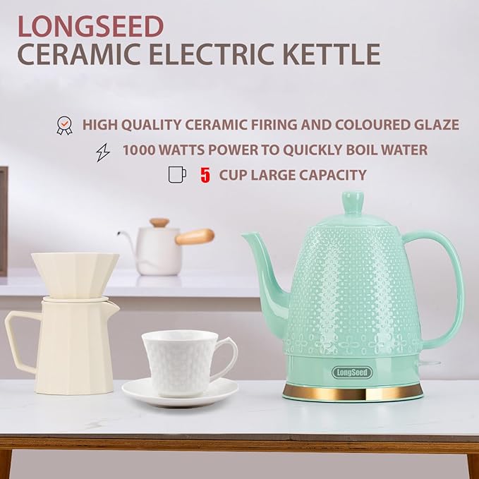 1.2-Liters Ceramic Electric Kettle Pot, 1000W Fast Boil Water For Coffee & Tea, Automatic Shut-Off, Boil Dry Protection, Retro Gooseneck Teapot BPA Free Boiler
