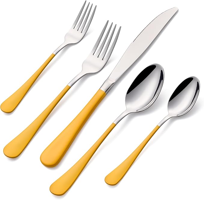 20-Pieces Yellow Silverware Sets for 4,Yellow Handle Stainless Steel Cutlery Set, Include Forks Spoons and Knives Set, Dishwasher Safe Utensil Sets for Home Restaurant