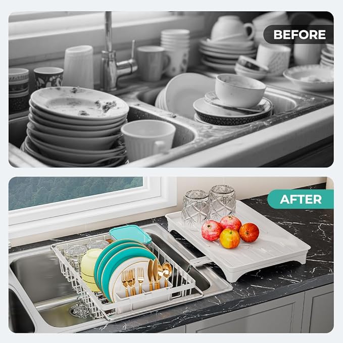 Small Dish Drying Rack in Sink, Expandable Stainless Steel Dish Drainers for Kitchen Counter, with Drain Board & Utensil Holder(White)
