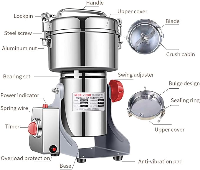 Electric Grain Grinder Mill 1000g High-speed Spice Herb Mill Commercial Powder Machine for Dry Cereals Grain Herb Spice Coffee Corn Bean (1000g Stand Type)
