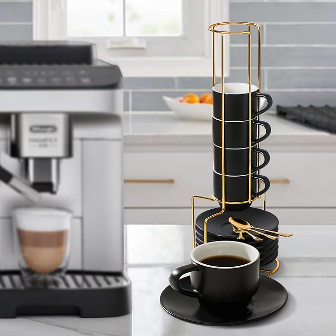 Lareina Porcelain 3-Ounce Espresso Cups Set of 6, Small Stackable Coffee Cups with Saucers, Spoons and Metal Stand - Ceramic Demitasse Mugs, Double Shots Expresso Cup, Matte Black