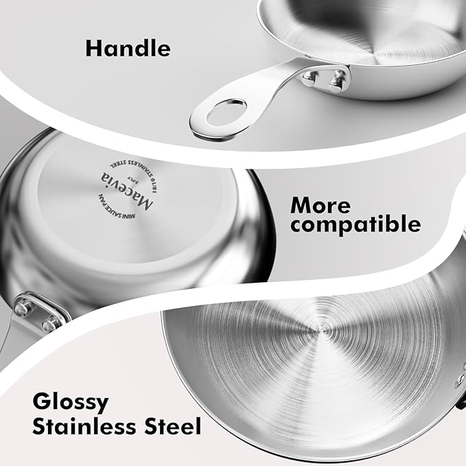 Macevia Mini 0.12QT Sauce Pan,18/10 Stainless Steel Butter Warmer Small Pot Cooking with Handle, Multipurpose Use for Home Kitchen or Restaurant (4 Inch) - Silver