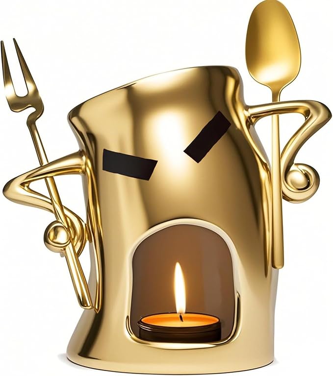 Ceramic Chocolate Fondue Mug With Attitude,Mini Simmer Mug Contain Fondue Bliss Cup Forks Chocolate Melting Cup for Cheese Fondue Set Without Tealights For Date Night Birthday (Gold)