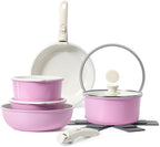 15Pcs Pots and Pans Set Non Stick, Cookware Sets with Detachable Handle, Nonstick RV Kitchen Cooking Tools Removable Handles, Oven Safe, Induction Fast, Stackable Induction Cookware, Pink