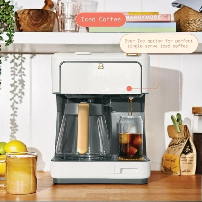 Beautiful by Drew Barrymore Multi-Brew Coffee Maker, 12-Cup Carafe + Single-Serve, Pods or Grounds, Over Ice, Touch Display. (White Icing)