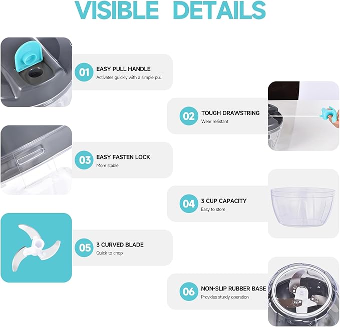 Manual Food Processor Vegetable Chopper, Portable Hand Pull String Garlic Mincer Onion Cutter for Veggies, Ginger, Fruits, Nuts, Herbs, etc., 500ml,（Gray-blue）