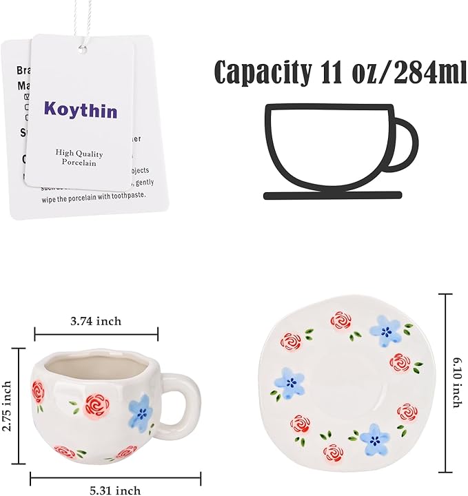 Koythin Ceramic Coffee Mug with Saucer Set, Cute Creative Red Rose Cup Unique Irregular Design for Office and Home, 10 oz/300 ml for Latte Tea Milk