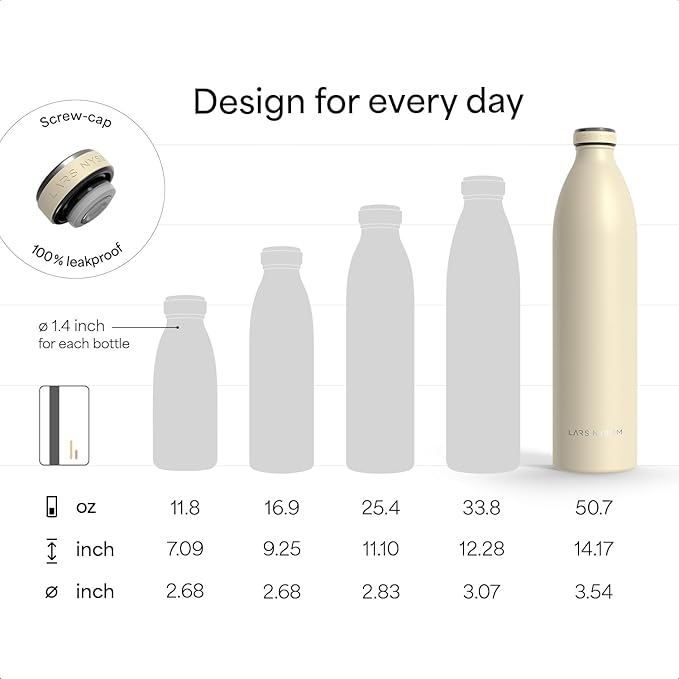 LARS NYSØM Stainless Steel Insulated XL Water Bottle 12oz 17oz 25oz 34oz 51oz | Insulated Thermo Flask for Hot and Cold Beverages | Leakproof Drinking Bottle (Almond Beige, XL 50.7oz)