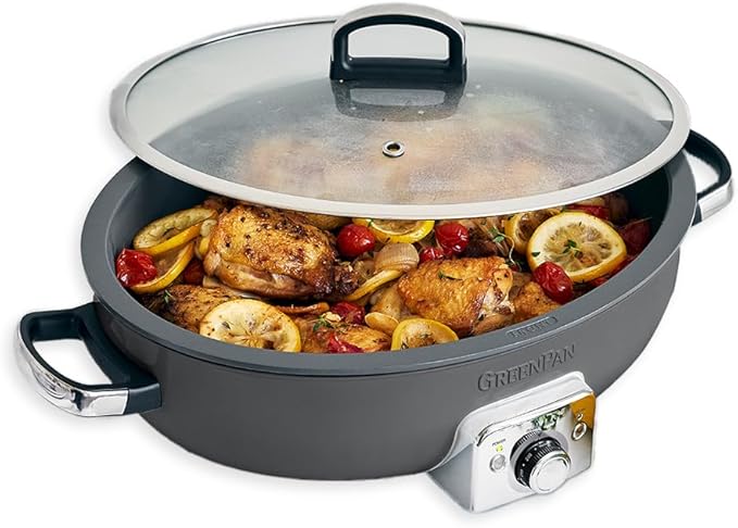 GreenPan Elite 5.5QT Electric Oval Skillet, PFAS-Free Ceramic Nonstick, 1800 Watt, Dishwasher Safe Lid & Removable Crock, Adjustable Temp Control, Multi-Cooker, Sear, Sauté, Rice, Stir-Fry, Black
