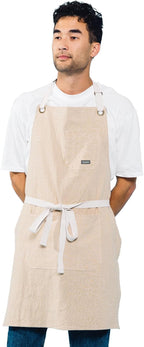 Caldo Linen Kitchen Apron for Cooking- Mens and Womens Linen Bib Apron for Professional Chef, Server, or Barista- Adjustable with Pockets (Bone)