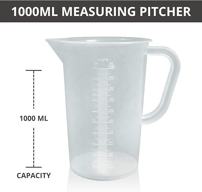 Plastic Graduated Measuring and Mixing Pitcher - 1000ml Plastic Graduated Measuring Pitcher - Large Cylinder Graduated Measuring Container with Handle and Pour Spout - 1 Liter