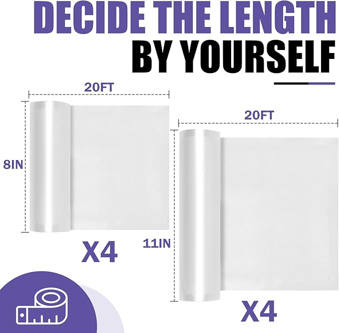 CAREGY Food Vacuum Sealer Rolls Bags 8 Pack 4 Rolls 8'' x 20' and 4 Rolls 11''x 20' Commercial Grade BPA Free Bag Rolls Embossed Food Saver Bags for Meal Prep,Sous Vide Cooking and Food Storage