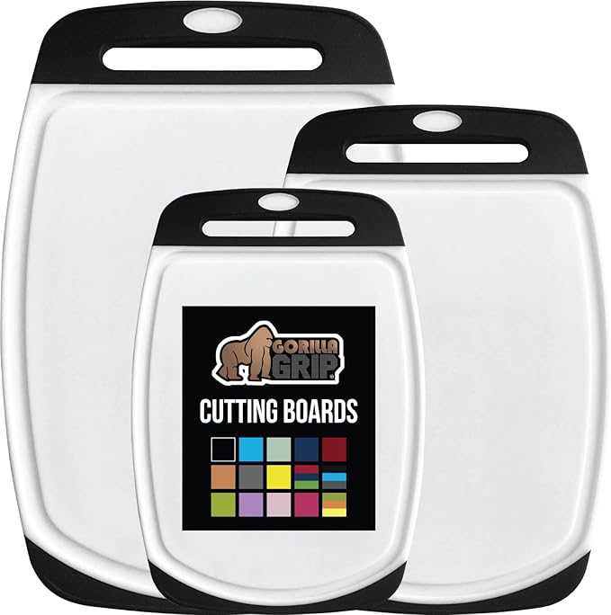 GORILLA GRIP BPA-Free Reversible Kitchen Cutting Board Set of 3, US Designed, Nonporous, Juice Grooves Catch Liquid, Slip Resistant Border, Dishwasher Safe, Durable Large Food Chopping Boards, Black