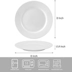 bestone 8 Inch Porcelain White Salad Plates Set, Porcelain Dessert/Salad Plate，Classic Round with Wide Rim, Lead-Free,Dishwasher, Microwave, Freezer, Oven Safe, for Everyday Use-Set of 6