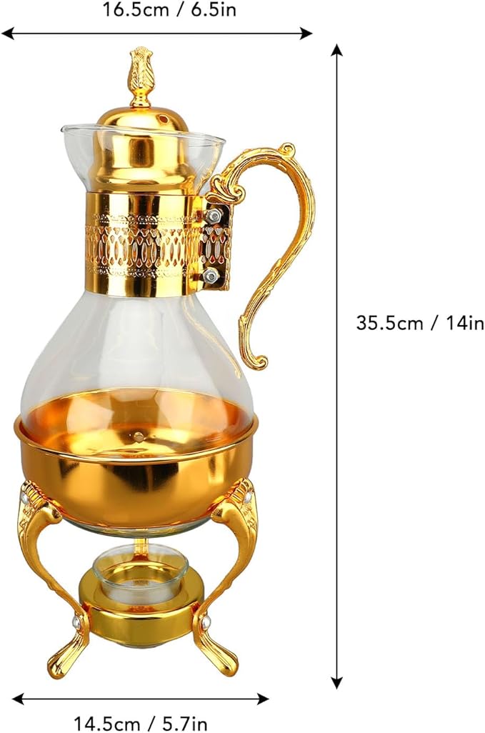 Fockety Vintage Turkish Coffee Pot Set, Decorative Glass Teapot, Heatable Glass Tea Kettle with Lid and Cup, Multi-Purpose Beverage Kettle, Unique Design, Gold