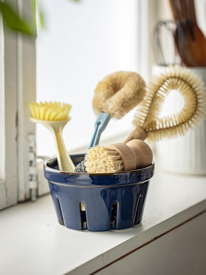 Gomakren Fruit Bowl with Holes, Ceramic Berry Basket Set of 2, 5.8 Inch Round Fruit Storage Containers, Strawberry Baskets, Farmhouse Kitchen Decor - Cobalt Blue