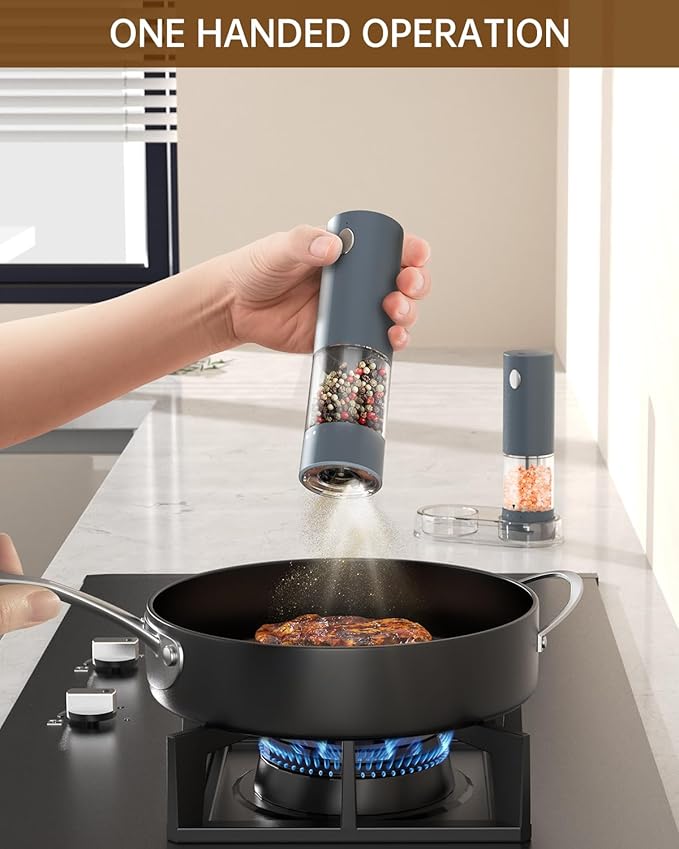 CIRCLE JOY Electric Salt and Pepper Grinder Set Rechargeable Salt and Pepper Mills with Storage Base, Adjustable Coarseness and LED White Light, Washable 95ml Container, Blue