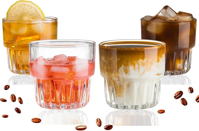 8oz Drinking Glasses Set of 4, Stackable Iced latte Coffee Glass, Beer Glasses, Cocktail Glasses, Coffee Mugs for Latte, Tea, Water glasses for bar, restaurant