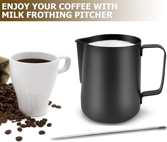 CAMKYDE Stainless Steel Milk Frothing Pitcher 12 oz, Espresso Steaming Pitcher with Decorating Pen for Espresso Machines, Cappuccino, Latte Art (Matte Black)