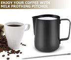 CAMKYDE Stainless Steel Milk Frothing Pitcher 12 oz, Espresso Steaming Pitcher with Decorating Pen for Espresso Machines, Cappuccino, Latte Art (Matte Black)