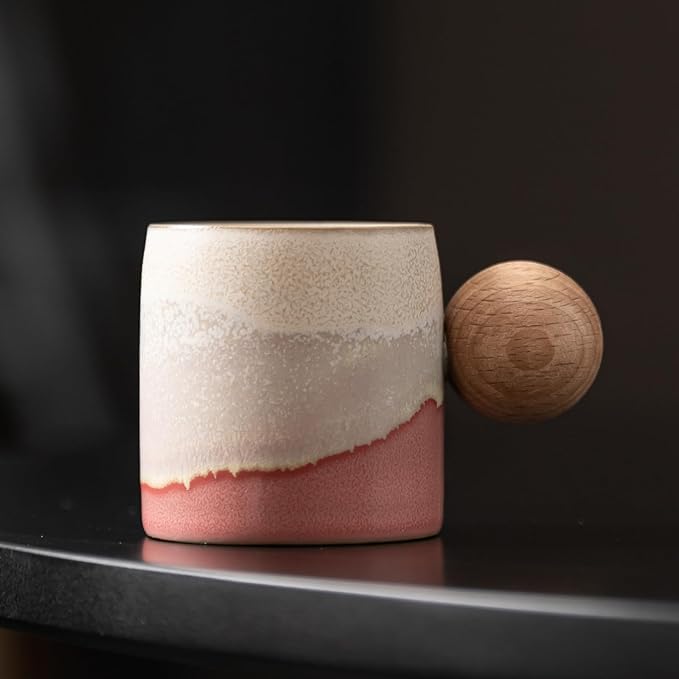 2-Oz Ceramic Espresso Cups with Wood Handle, 2/4-Piece Set for Coffee, Tea, Latte - Dishwasher Safe, Multi-Color & Wood Styles, Gift & Café Use (Kiln turning pink, Round Handle2)