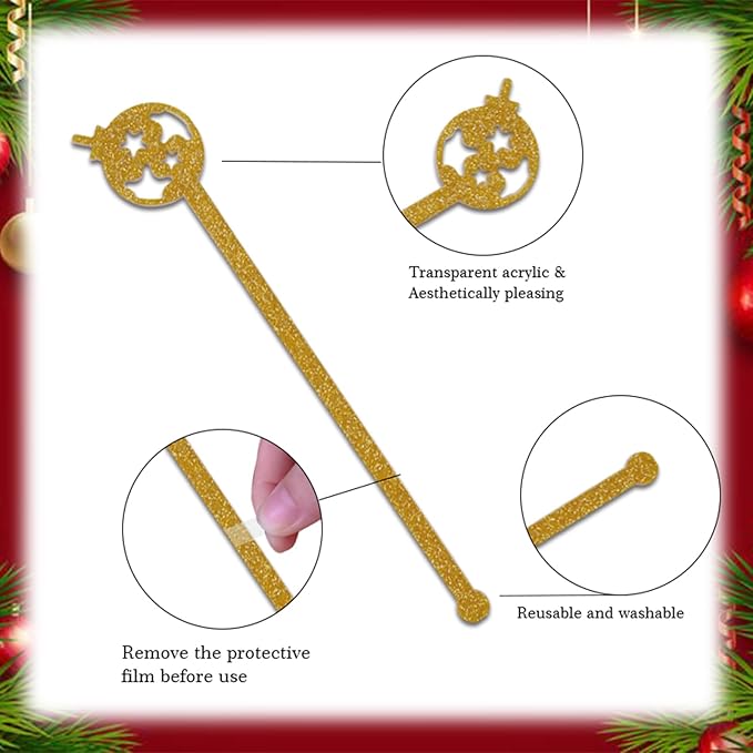 20 Pcs Christmas Drink Stirrers, 5.9" Glitter Plastic Holiday Stir Sticks with 10 Festive Designs for Holiday Hot Chocolate, Cocktails, Coffee & Party Decor