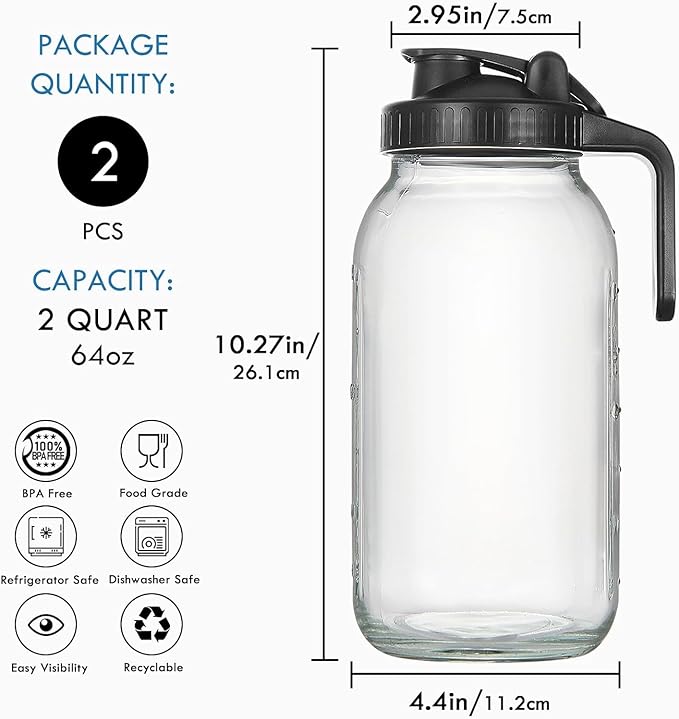2 Pack 64 oz Glass Pitcher With Lid, Mason Jar Pitcher, Glass Sun Tea Jar for Ice Tea, 2 Quart Breast Milk Jug with Flip Cap Leak Proof, Cold Brew Coffee