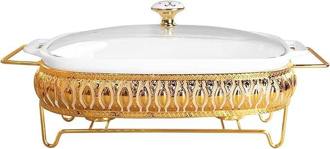 11" x 8" Ceramic Rectangular Casserole Dish with Glass Lid and rack, 1.6 Quart White Serving Soup Tureen,Chafing Dish for Buffet, Family Food Tray, Catering Casserole for Party Style