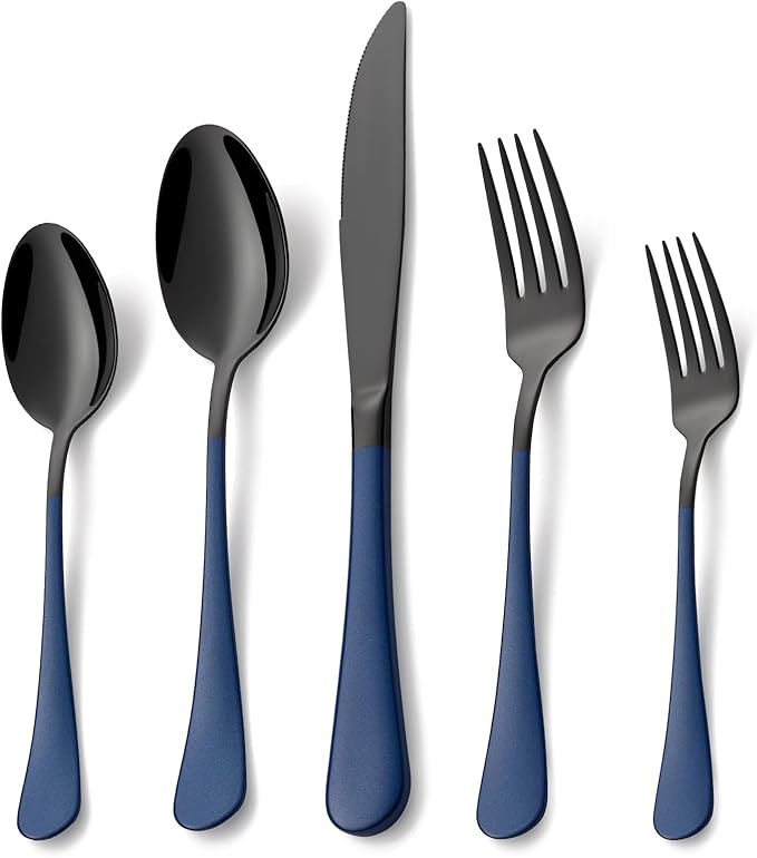 20 Piece Black Blue 18/0 Flatware Utensil Set for 4, Include Dinner Knife,Dinner Forks,Dinner Spoons,Salad Forks,Teaspoons,Silverware Set for 4, Dishwasher Safe
