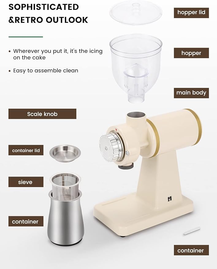 Huanyu Electric Coffee Bean Grinder 250G Commercial&Home Milling Grinding Machine 200W Automatic Burr Grinder Professional Miller 8 Fine - Coarse Grind Size Settings (White)