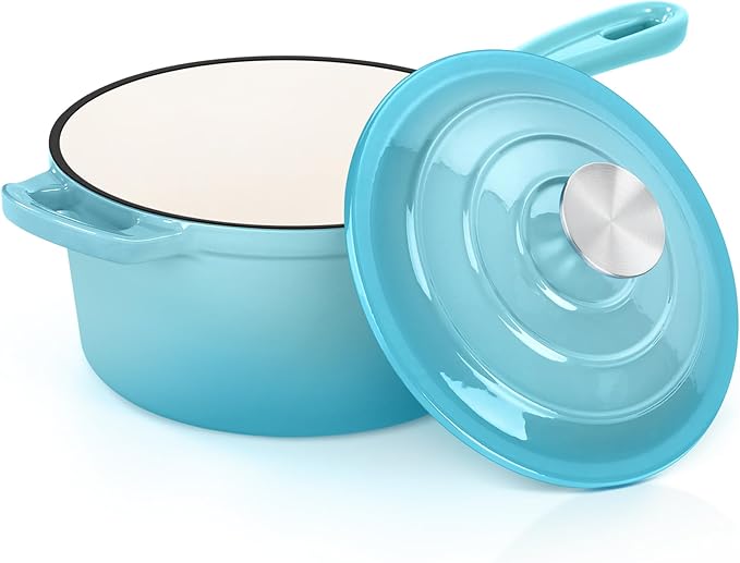E-far Enameled Cast Iron Sauce Pan with Lid, 1 Quart Dutch Oven Saucepan, Mini Sauce Pot for Cooking, Boiling, Healthy & Non Toxic, Induction & Oven Safe, Light Blue