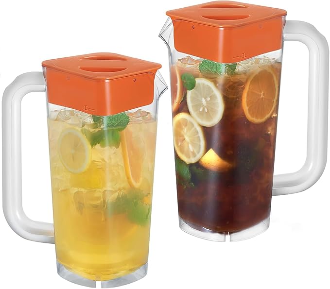 CURTA 2 Pack 2 Liters/68 oz Plastic Square Pitcher with Lid & Handle for Kitchen,ICED JUICE and Coffee Carafe Beverage Serveware, Acrylic Water Jug for Hot/Cold Drinks&lemonade
