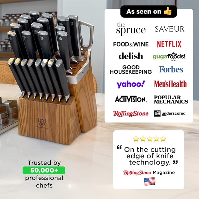 Dalstrong Vanquish Series - 24pc Stainless Steel Knife Set with Block & Kitchen Scissors - Forged High Carbon German Stee l- Knife Set w/POM Black Handle - NSF Certified