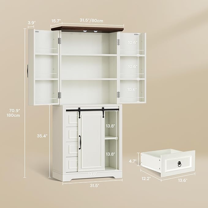 YITAHOME Pantry Cabinet, 71-Inch Tall Freestanding Storage Cabinet with 4 Drawers, Farmhouse Cupboard with Doors Storage, Adjustable Shelves, for Living Room, Dining Room, White Walnut