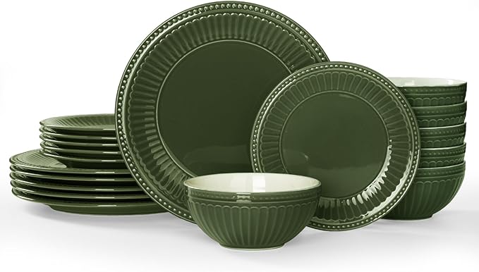 Famiware Garden Plates and Bowls Sets, 18-Piece Dishes Set for 6, Scratch Resistant Kitchen Dishes Dinnerware Set - Microwave and Dishwasher Safe, Reactive Glaze and Embossed Stoneware, Dark Green