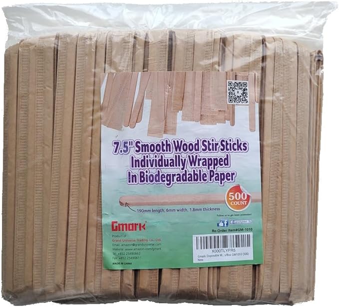 Gmark Disposable Wooden Stirrer Individually Wrapped in Biodegradable Kraft Paper, Wood Coffee Stir Sticks 7.5 Inch for Tea Beverage, Craft Stick, 500 Pcs/Bag GM1010 (500)
