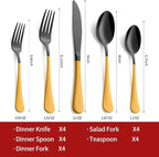 20-Piece Yellow Silverware Set 18/0 Stainless Steel Black Silverware Set Yellow Handle Cutlery Black Set Service for 4 Dinner Knives Forks Spoons Set Flatware Set Finish Dishwasher Safe