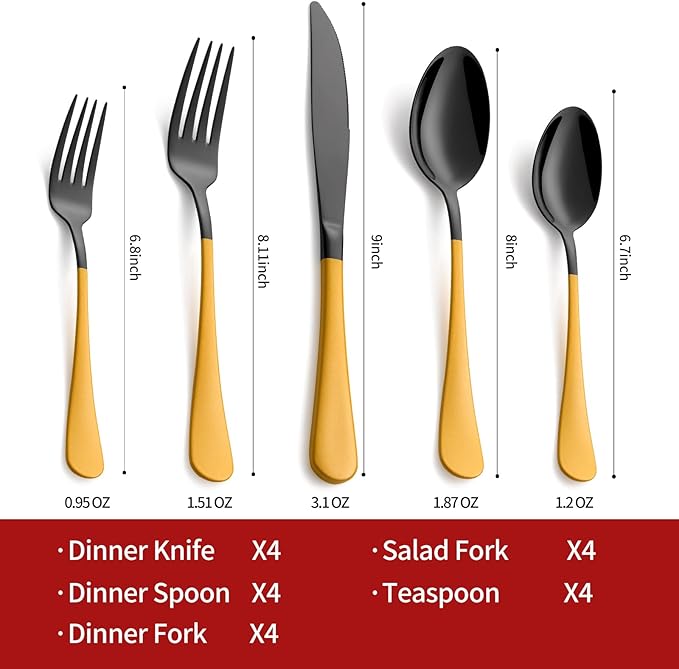 20-Piece Yellow Silverware Set 18/0 Stainless Steel Black Silverware Set Yellow Handle Cutlery Black Set Service for 4 Dinner Knives Forks Spoons Set Flatware Set Finish Dishwasher Safe