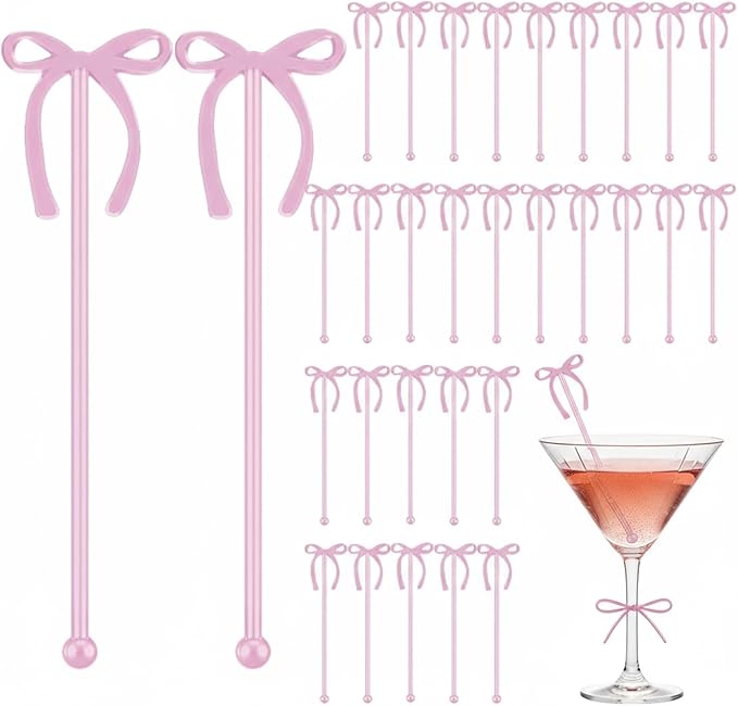 30 Pcs 6 Inch Bow Drink Stirrers, Bow Stir Sticks Coffee Stirrers Reusable Plastic Swizzle Sticks for Wedding Birthday Bridal Cocktail Decorations Supplies (Rose Gold)